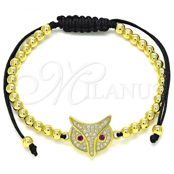 Oro Laminado Adjustable Bolo Bracelet, Gold Filled Style Owl and Ball Design, with Ruby and White Micro Pave, Polished, Golden Finish, 03.299.0084.11