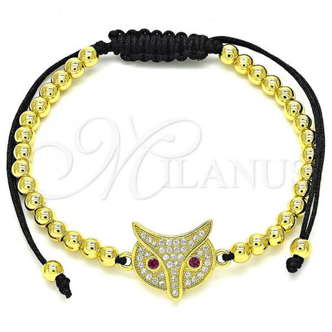 Oro Laminado Adjustable Bolo Bracelet, Gold Filled Style Owl and Ball Design, with Ruby and White Micro Pave, Polished, Golden Finish, 03.299.0084.11