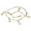 Oro Laminado Charm Anklet , Gold Filled Style Heart and Rattle Charm Design, with White Crystal, Polished, Golden Finish, 03.213.0111.10