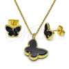 Oro Laminado Earring and Pendant Adult Set, Gold Filled Style Butterfly Design, with Black Opal, Polished, Golden Finish, 10.313.0009.1