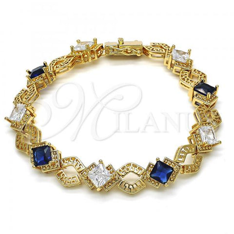 Oro Laminado Tennis Bracelet, Gold Filled Style Greek Key Design, with Sapphire Blue and White Cubic Zirconia, Polished, Golden Finish, 03.210.0073.4.08
