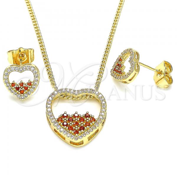Oro Laminado Earring and Pendant Adult Set, Gold Filled Style Heart Design, with Garnet and White Micro Pave, Polished, Golden Finish, 10.156.0303.1