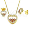 Oro Laminado Earring and Pendant Adult Set, Gold Filled Style Heart Design, with Garnet and White Micro Pave, Polished, Golden Finish, 10.156.0303.1