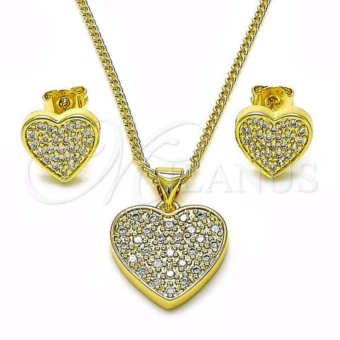 Oro Laminado Earring and Pendant Adult Set, Gold Filled Style Heart Design, with White Micro Pave, Polished, Golden Finish, 10.156.0488