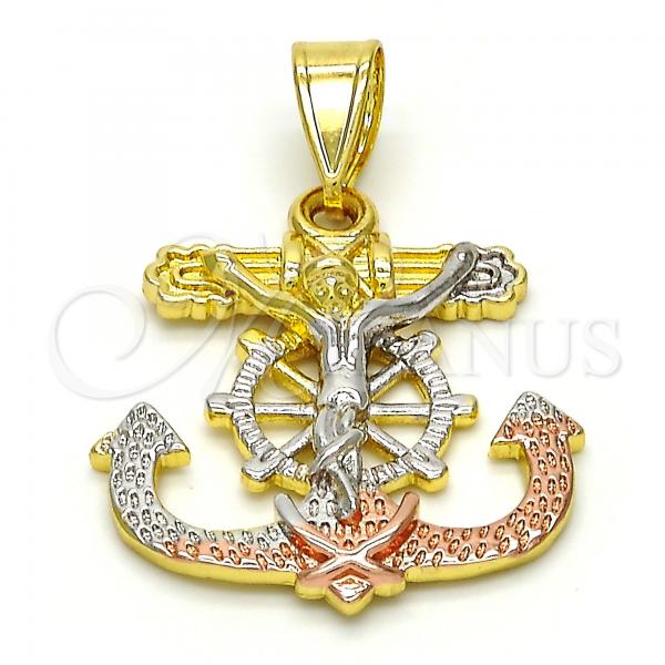 Oro Laminado Religious Pendant, Gold Filled Style Crucifix and Anchor Design, Polished, Tricolor, 05.253.0003