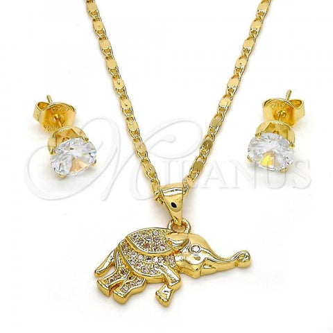 Oro Laminado Earring and Pendant Adult Set, Gold Filled Style Elephant Design, with White Micro Pave, Polished, Golden Finish, 10.233.0022