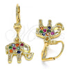 Oro Laminado Dangle Earring, Gold Filled Style Elephant Design, with Multicolor Micro Pave, Polished, Golden Finish, 02.210.0388.1