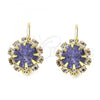 Oro Laminado Leverback Earring, Gold Filled Style Flower Design, with Amethyst and White Crystal, Polished, Golden Finish, 02.122.0086.1