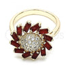 Oro Laminado Multi Stone Ring, Gold Filled Style Flower Design, with Ruby and White Cubic Zirconia, Polished, Golden Finish, 01.210.0105.1.07 (Size 7)
