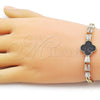 Oro Laminado Fancy Bracelet, Gold Filled Style Four-leaf Clover and Miami Cuban Design, with Black and White Cubic Zirconia, Polished, Golden Finish, 03.283.0415.07