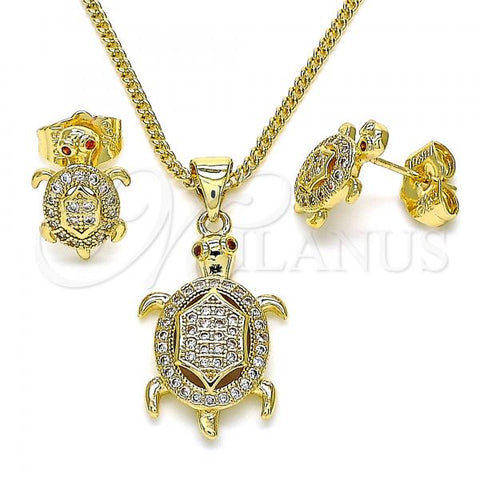 Oro Laminado Earring and Pendant Adult Set, Gold Filled Style Turtle Design, with White and Ruby Micro Pave, Polished, Golden Finish, 10.156.0378