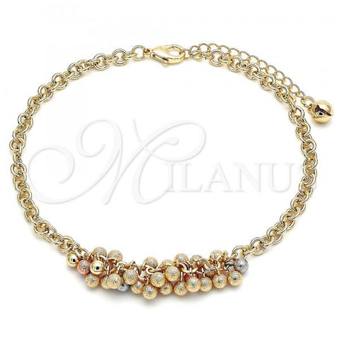 Oro Laminado Charm Anklet , Gold Filled Style Ball Design, Matte Finish, Tricolor, 03.331.0112.10