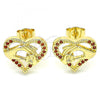 Oro Laminado Stud Earring, Gold Filled Style Heart and Hand Design, with Garnet Micro Pave, Polished, Golden Finish, 02.156.0390.2