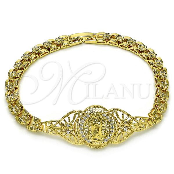 Oro Laminado Fancy Bracelet, Gold Filled Style Guadalupe and Butterfly Design, with White Cubic Zirconia, Polished, Golden Finish, 03.283.0404.07