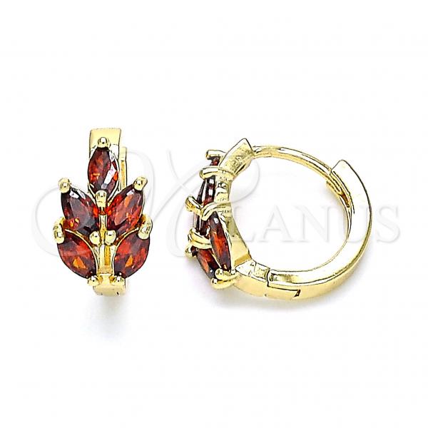 Oro Laminado Huggie Hoop, Gold Filled Style Leaf Design, with Garnet Cubic Zirconia, Polished, Golden Finish, 02.210.0649.1.15