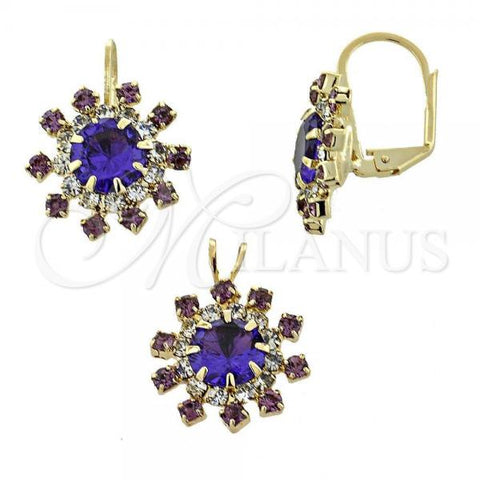 Oro Laminado Earring and Pendant Adult Set, Gold Filled Style Flower Design, with Amethyst Cubic Zirconia, Polished, Golden Finish, 5.057.003