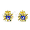 Oro Laminado Stud Earring, Gold Filled Style Evil Eye Design, with Multicolor Micro Pave, Blue Enamel Finish, Golden Finish, 02.381.0003