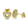 Oro Laminado Stud Earring, Gold Filled Style Heart Design, with White Micro Pave, Polished, Golden Finish, 02.342.0132