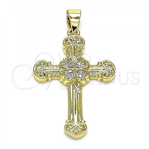 Oro Laminado Religious Pendant, Gold Filled Style Cross and Four-leaf Clover Design, with White Micro Pave, Polished, Golden Finish, 05.102.0001