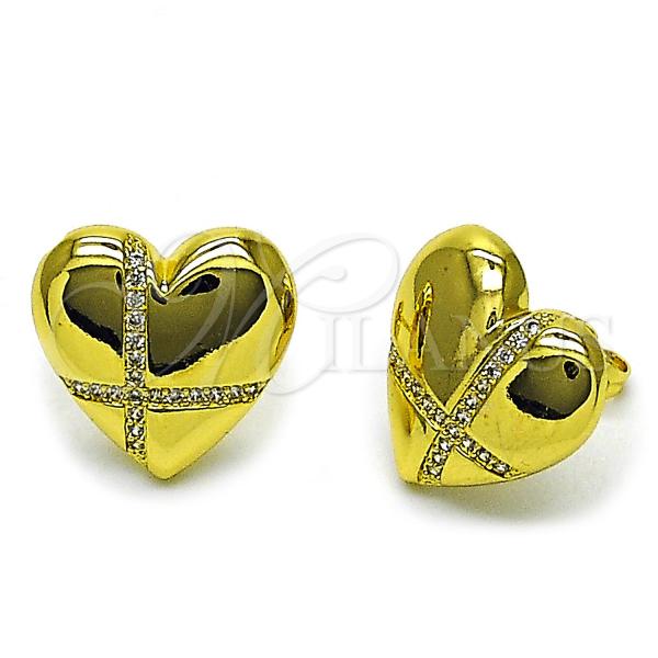 Oro Laminado Stud Earring, Gold Filled Style Heart Design, with White Cubic Zirconia, Polished, Golden Finish, 02.196.0188