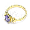 Oro Laminado Multi Stone Ring, Gold Filled Style Flower Design, with Amethyst Cubic Zirconia, Polished, Golden Finish, 01.210.0121.08