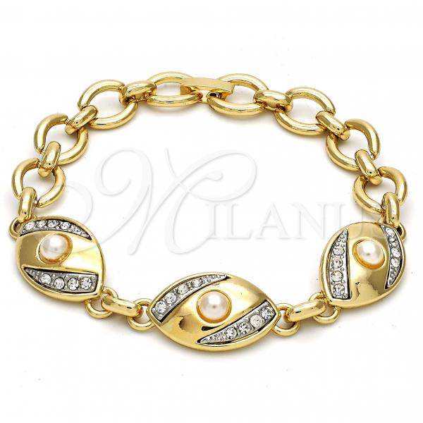 Oro Laminado Fancy Bracelet, Gold Filled Style with Ivory Pearl and White Crystal, Polished, Two Tone, 03.91.0063.08