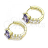 Oro Laminado Huggie Hoop, Gold Filled Style with Amethyst and White Cubic Zirconia, Polished, Golden Finish, 02.210.0606.3.12