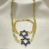 Oro Laminado Necklace and Bracelet, Gold Filled Style Paperclip and Star of David Design, with Sapphire Blue Micro Pave, Polished, Black Rhodium Finish, 06.341.0003.3