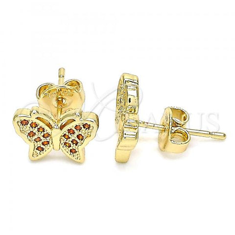 Oro Laminado Stud Earring, Gold Filled Style Butterfly Design, with Garnet Micro Pave, Polished, Golden Finish, 02.156.0443.2