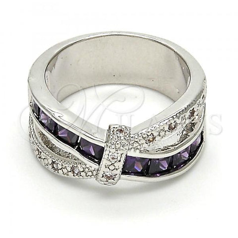 Rhodium Plated Multi Stone Ring, with Amethyst and White Cubic Zirconia, Polished, Rhodium Finish, 01.210.0045.7.08 (Size 8)