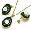 Oro Laminado Earring and Pendant Adult Set, Gold Filled Style Flower Design, with Ivory Pearl, Green Enamel Finish, Golden Finish, 10.379.0054