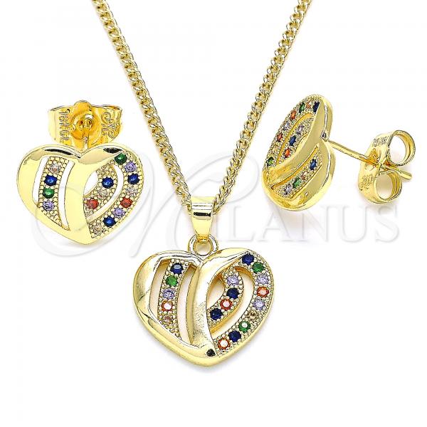 Oro Laminado Earring and Pendant Adult Set, Gold Filled Style Heart Design, with Multicolor Micro Pave, Polished, Golden Finish, 10.94.0002.2