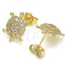 Oro Laminado Stud Earring, Gold Filled Style Turtle Design, with White Micro Pave, Polished, Golden Finish, 02.210.0413