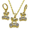 Oro Laminado Earring and Pendant Adult Set, Gold Filled Style Teddy Bear Design, with Black Cubic Zirconia and Amethyst Micro Pave, Polished, Golden Finish, 10.196.0036