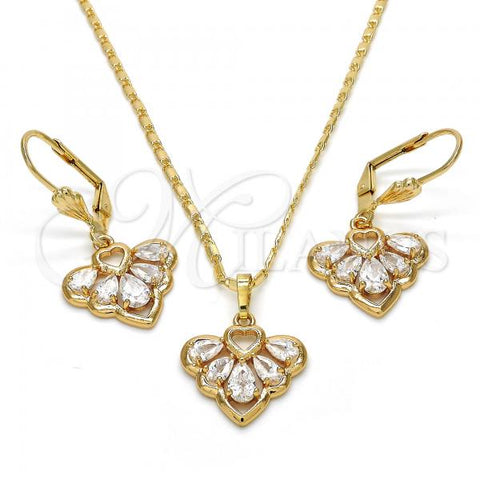 Oro Laminado Earring and Pendant Adult Set, Gold Filled Style Heart and Teardrop Design, with White Cubic Zirconia, Polished, Golden Finish, 10.264.0003