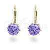 Oro Laminado Leverback Earring, Gold Filled Style with Violet Cubic Zirconia, Polished, Golden Finish, 5.128.073