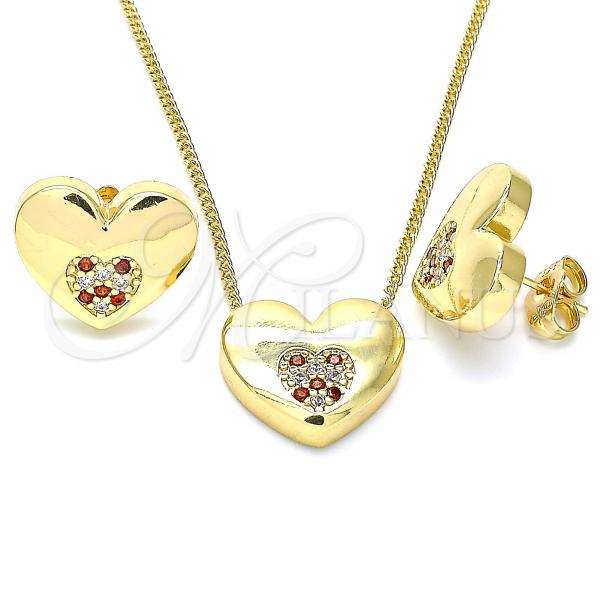 Oro Laminado Earring and Pendant Adult Set, Gold Filled Style Heart Design, with Garnet and White Micro Pave, Polished, Golden Finish, 10.156.0329.1