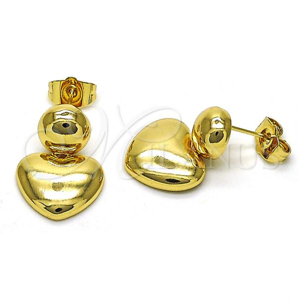 Oro Laminado Stud Earring, Gold Filled Style Heart and Ball Design, Polished, Golden Finish, 02.156.0668