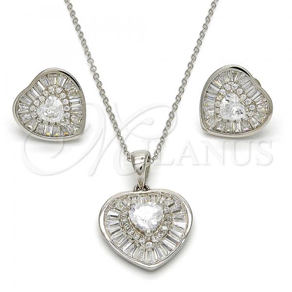 Sterling Silver Earring and Pendant Adult Set, Heart Design, with White Cubic Zirconia, Polished, Rhodium Finish, 10.286.0020