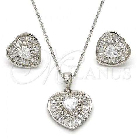 Sterling Silver Earring and Pendant Adult Set, Heart Design, with White Cubic Zirconia, Polished, Rhodium Finish, 10.286.0020