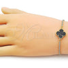 Oro Laminado Adjustable Bolo Bracelet, Gold Filled Style Four-leaf Clover and Box Design, with Black Mother of Pearl and White Cubic Zirconia, Polished, Golden Finish, 03.341.0235.4.11