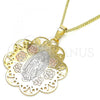 Oro Laminado Pendant Necklace, Gold Filled Style Guadalupe and Flower Design, Polished, Tricolor, 04.106.0048.20