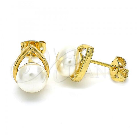 Oro Laminado Stud Earring, Gold Filled Style Teardrop Design, with Ivory Pearl, Polished, Golden Finish, 02.342.0050