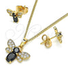 Oro Laminado Earring and Pendant Adult Set, Gold Filled Style Bee Design, with Black Cubic Zirconia and White Micro Pave, Polished, Golden Finish, 10.210.0122.2