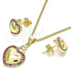 Oro Laminado Earring and Pendant Adult Set, Gold Filled Style Heart Design, with Ruby Micro Pave, Polished, Golden Finish, 10.156.0263.1