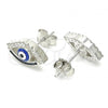 Sterling Silver Stud Earring, Evil Eye Design, Blue Enamel Finish, Rhodium Finish, 02.336.0166