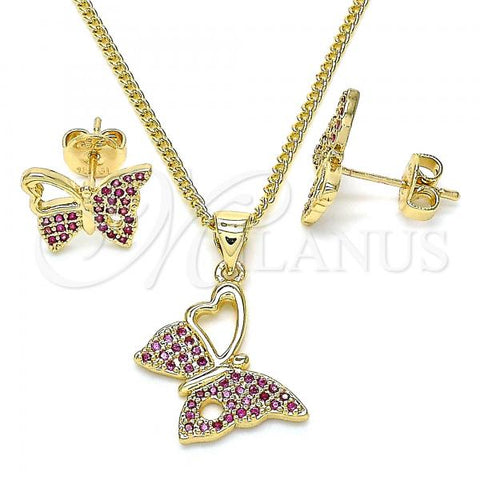Oro Laminado Earring and Pendant Adult Set, Gold Filled Style Butterfly Design, with Ruby Micro Pave, Polished, Golden Finish, 10.156.0261.1