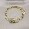Oro Laminado Fancy Bracelet, Gold Filled Style San Judas and Hugs and Kisses Design, with White Cubic Zirconia, Polished, Golden Finish, 03.411.0004.08