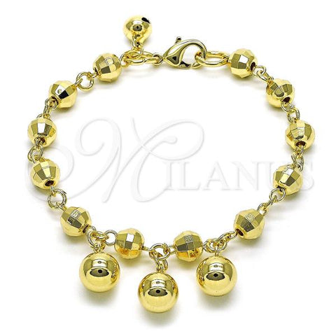 Oro Laminado Charm Bracelet, Gold Filled Style Ball and Disco Design, Diamond Cutting Finish, Golden Finish, 03.331.0249.08