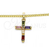 Oro Laminado Pendant Necklace, Gold Filled Style Cross Design, with Multicolor Cubic Zirconia, Polished, Golden Finish, 04.284.0015.3.22